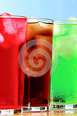 Tall cola, creme soda and raspberry soda fizzy drinks Stock Photo