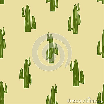 Tall desert cactus simple seamless pattern. Mexico cactaceae doodle background. Green cactus plant fabric print Vector Illustration