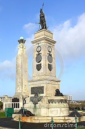 Statue of Britannia on Plymouth Hoe commemorating defeat of Spanish Armada. Editorial Stock Photo