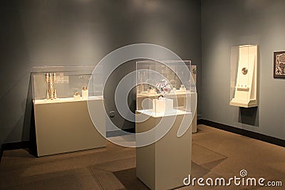 Tall glass cases with interesting items, part of exhibit Museum of Industry, Baltimore, Maryland, 2017 Editorial Stock Photo