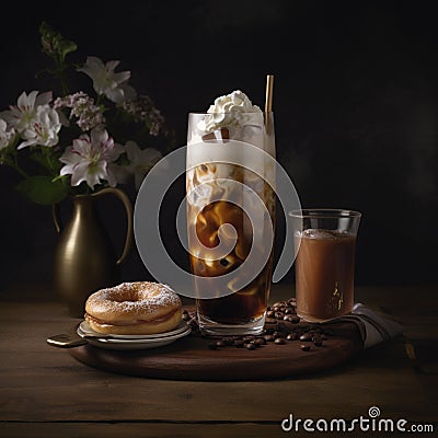 Tall Glass of Iced Coffee with Donuts Stock Photo