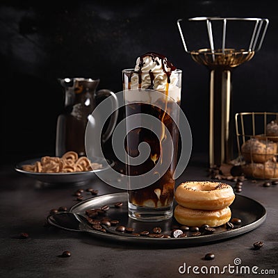 Tall Glass of Iced Coffee with Donuts Stock Photo