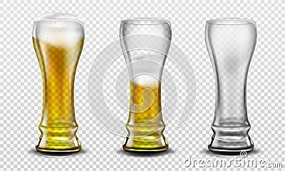 Tall glass full of beer, half full and empty Vector Illustration