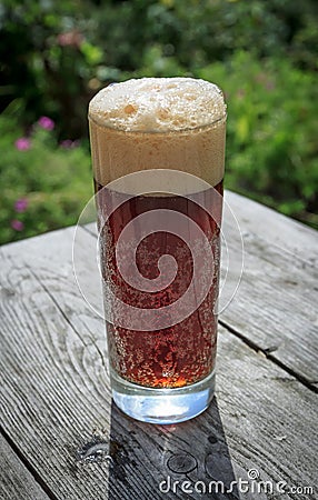 Tall glass full of frothy dark beer on rustic wooden table in summer garden Stock Photo