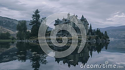 A tall gothic house at the lake shore with reflections in water Stock Photo