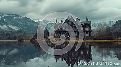 A tall gothic house at the lake shore with reflections in water Stock Photo