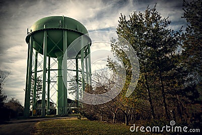 Tall Green Old Water Tower Stock Photo