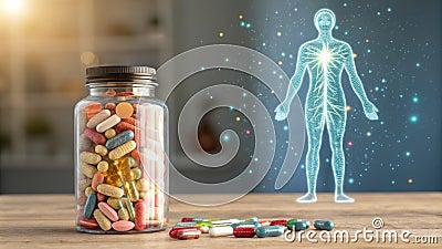 A tall jar encapsulated in a softfocus background features an array of colorful probiotic capsules. A radiant glow forms Stock Photo
