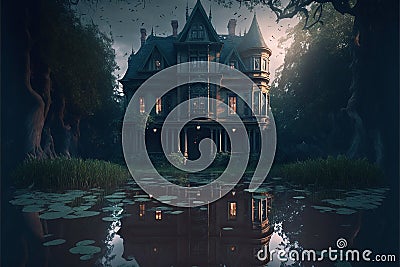 Tall and majestic creepy mansion, reflected in the nearby lake Stock Photo