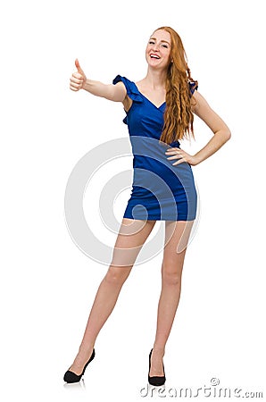 The tall model in blue dress isolated on white Stock Photo