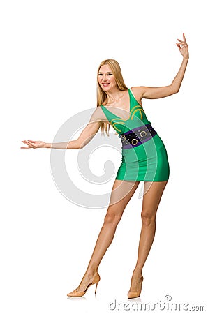 The tall model in mini green dress on white Stock Photo