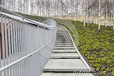 Tall modern winding staircase with railings in birch grove. GES-2 Stock Photo