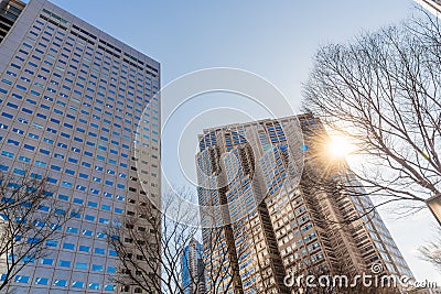 Office Skyscrapers and clear Sky in early spring Stock Photo