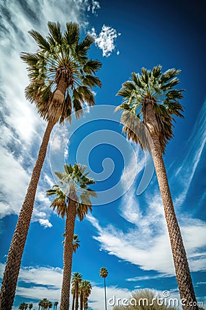 Tall palm trees and blue sky with clouds. Low angle view. Tropical nature. Generative Ai Stock Photo