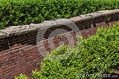 Tall red brick retaining wall with rough stone cap, shrubbery above and below Stock Photo