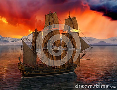 Tall Sailing Ship, Sea, Ocean Stock Photo