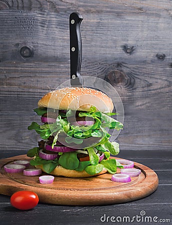 Tall sandwich hamburger deluxe Stock Photo