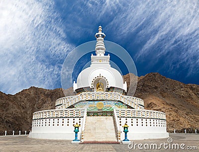 Tall Shanti Stupa near Leh - Ladakh - India Stock Photo