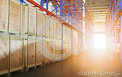 Tall Shelves Storage Warehouse Interior. Cargo Wooden Boxes in Storage. Supply Chain Shipping Warehouse Logistics. Stock Photo