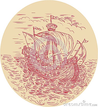 Tall Ship Sailing Stormy Sea Oval Drawing Vector Illustration