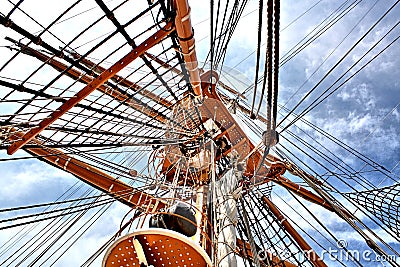 Tall Ships Mast and Rigging Reaching For Sky Stock Photo