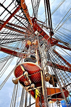 Tall Ships Mast and Rigging Reaching For Sky Stock Photo