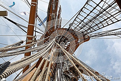 Tall Ships Mast and Rigging Reaching For Sky Stock Photo