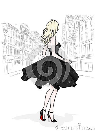 A tall, slender girl in a beautiful evening dress. Fashion & Style. Vector illustration. Vector Illustration