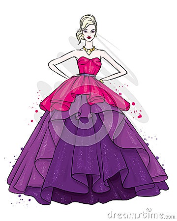 A tall, slender girl in a beautiful evening dress. Fashion & Style. Vector illustration. Vector Illustration