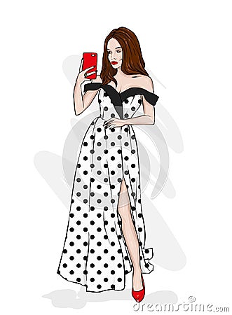 A tall, slender girl in a beautiful evening dress. Fashion & Style. Vector illustration Vector Illustration