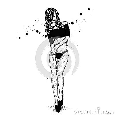 A tall, slender girl in beautiful lingerie. Vector illustration for a postcard or a poster. Fashion & Style. Vector Illustration