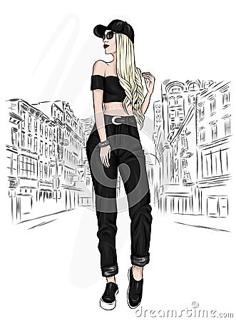 A tall slender girl with long hair in pants, top and cap. Stylish model. Fashionable look. Vector illustration for a postcard. Vector Illustration