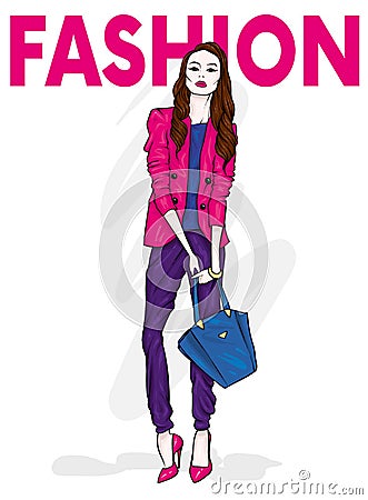 A tall slender girl with long hair in a stylish jacket, trousers and high-heeled shoes. Fashion & Style. Vector Illustration