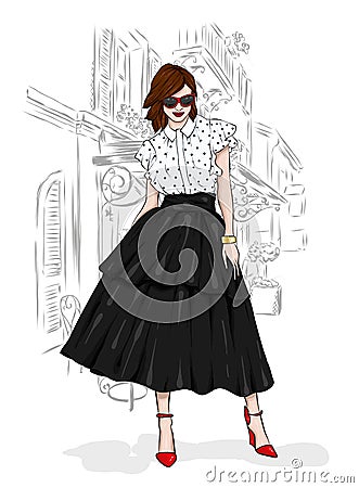 A tall, slender girl in a midi skirt, a blouse, high-heeled shoes and a clutch. Vector illustration. Clothing and accessories. Vector Illustration