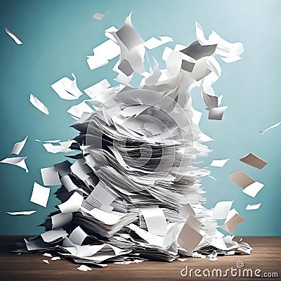 Stack of papers being blown away - ai generated image Stock Photo