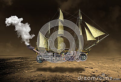 Tall Steampunk Sailing Ship Surreal Stock Photo