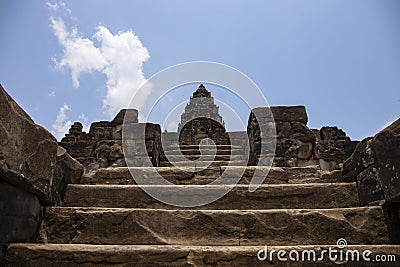 Tall stone stair to ancient temple top, Bacong temple, Roluos temple complex, Cambodia. Bacong temple top view Stock Photo