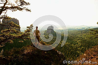 Tall tourist climbing on sharp cliff and overlooking beautiful view above forest valley bellow. Stock Photo