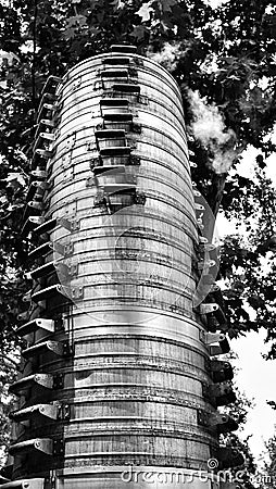 Tall tower of Aluminum steamer baskets Stock Photo