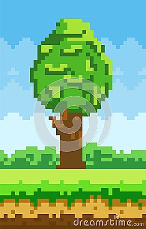 Tall tree grows in clearing with green grass pixel design. Tree and bush symbol of pixel game Vector Illustration