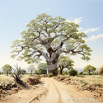 Hyper-realistic Animal Illustration Dusty Dirt Road Through Baobab Tree Cartoon Illustration