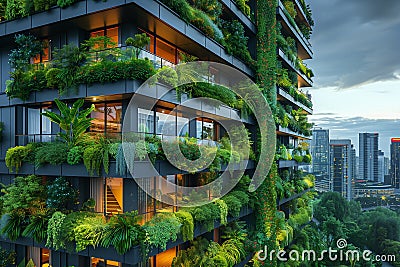 Tall wooden building in an urban setting covered in a variety of green plants Stock Photo