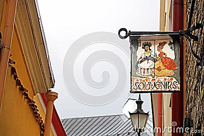 View of old buildings and signboard of Souvenirs shop on Verine Street, Tallinn, Estonia Editorial Stock Photo