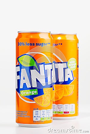 Tallinn, Estonia - 12.02.21. FANTA drink in orange metal can. Orange testy drink carbonated drink created by The Coca Editorial Stock Photo