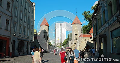 Tallinn, Estonia - 1 lipca 2019 r.: Ludzie Chodzący W Pobliżu Znanej Bramy Viru W Słoneczny Wieczór Letni Znany punkt orientacyjn zbiory wideo Tallinn, Estonia - 1 lipca 2019 r.: Ludzie Chodzący W Pobliżu Znanej Bramy Viru W Słoneczny Wieczór Letni Znany punkt orientacyjn zbiory wideo