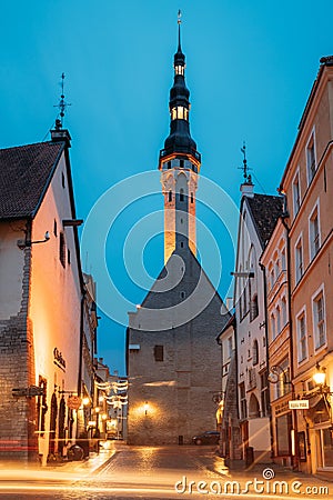 Tallinn, Estonia. Night Evening View Of Old Town Hall. Famous Landmark. Destination Scenic. UNESCO Editorial Stock Photo