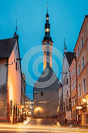Tallinn, Estonia. Night Evening View Of Old Town Hall. Famous Landmark. Destination Scenic. UNESCO Stock Photo