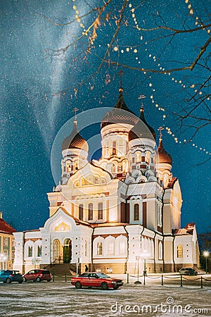 Tallinn, Estonia. Night Starry Sky Above Traditional Old Architecture Skyline In Old Town. Alexander Nevsky Orthodox Editorial Stock Photo