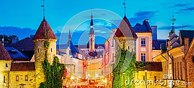 Tallinn, Estonia. Night View Of Viru Gate - Part Old Town Architecture Estonian Capital. Stock Photo