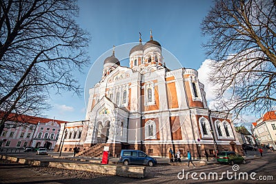 TALLINN, ESTONIA - November 02, 2019: Alexander Nevsky Cathedral view in the street of Tallinn old town Editorial Stock Photo